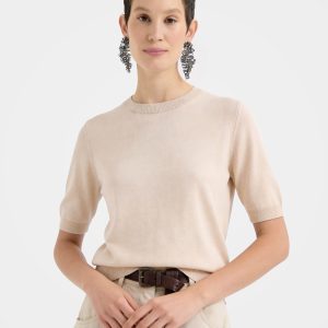 Cashmere Tencel Blend Soft & Lightweight Short Sleeve Knit Top ?C Crew Neck, Beige/Black/Gray