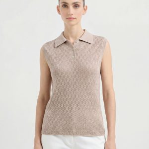 Breathable Cotton Textured Knit Polo Sleeveless Top