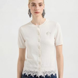 Lightweight Button Front Knit Top with Lace Trim