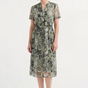 Lightweight Mulberry Silk Drawstring Floral Midi Dress