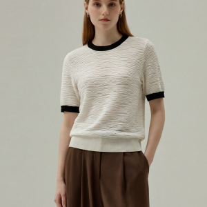Refined Wool Silk Wave Texture Short Sleeve Top
