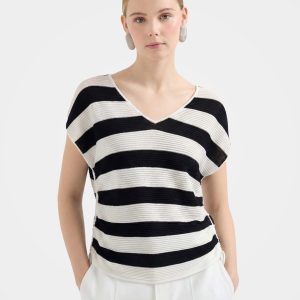 Drapey Tencel Blend Relaxed Stripe Cap Sleeve Knit Top