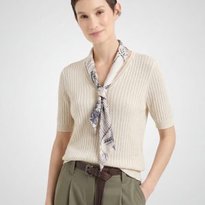 Soft Cotton Ribbed Knit V Neck Top with Silk Scarf