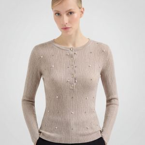 Lightweight Wool Cashmere Beaded Rib Knit Top