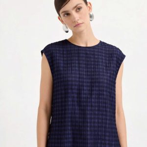 Lightweight Textured Mulberry Silk Blend Plaid Sleeveless Tank Top