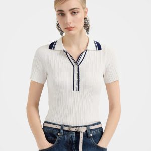 Lightweight Tencel Silk Blend Ribbed Polo Sweater