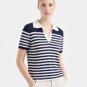 Lightweight Stripe V Neck Polo Knit Pullover Top