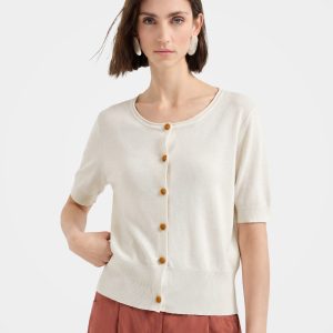 Refined Wool Silk Blend Button Front Knit Top