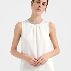 Smooth Mulberry Silk Sleeveless Top with Metallic Trim