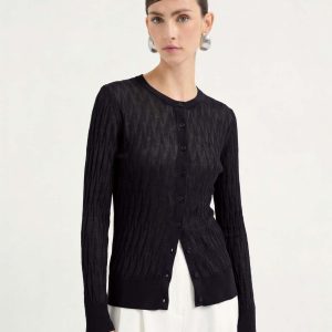 Sheer Tencel Silk Blend Rib Knit Cardigan Top