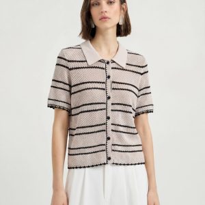 Cotton Short Sleeve Colorblock Knit Top