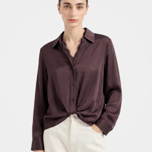 Smooth Mulberry Silk Lace Trim Button Shirt
