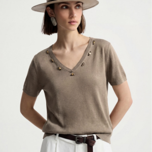 Breathable Cotton Embellished V Neck Knit Tee