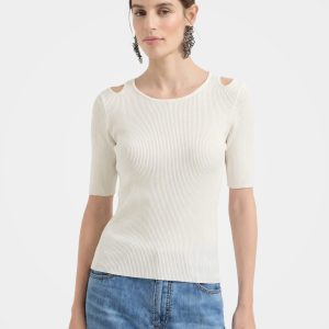 Lightweight Wool Blend Shoulder Cutout Pullover Top