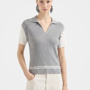 Breathable Cotton Blend Ribbed Knit Polo Top