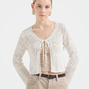 Breathable Cotton Silk Open Knit Tie Front Cardigan