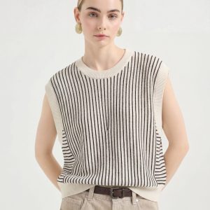 Striped Ribbed Knit Sleeveless Sweater Vest