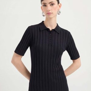 Cooling Tencel Silk Blend Ribbed Knit Polo Top