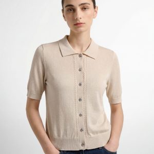 Minimalist Cotton Knit Polo Top with Jewel Buttons