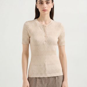 Minimalist Ribbed Knit Button Front Short Sleeve Pullover